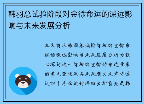 韩羽总试验阶段对金徐命运的深远影响与未来发展分析